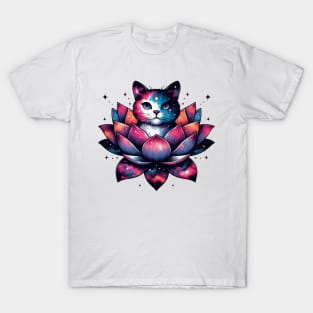 Colorful Abstract Cosmic Cat in Lotus Flower T-Shirt